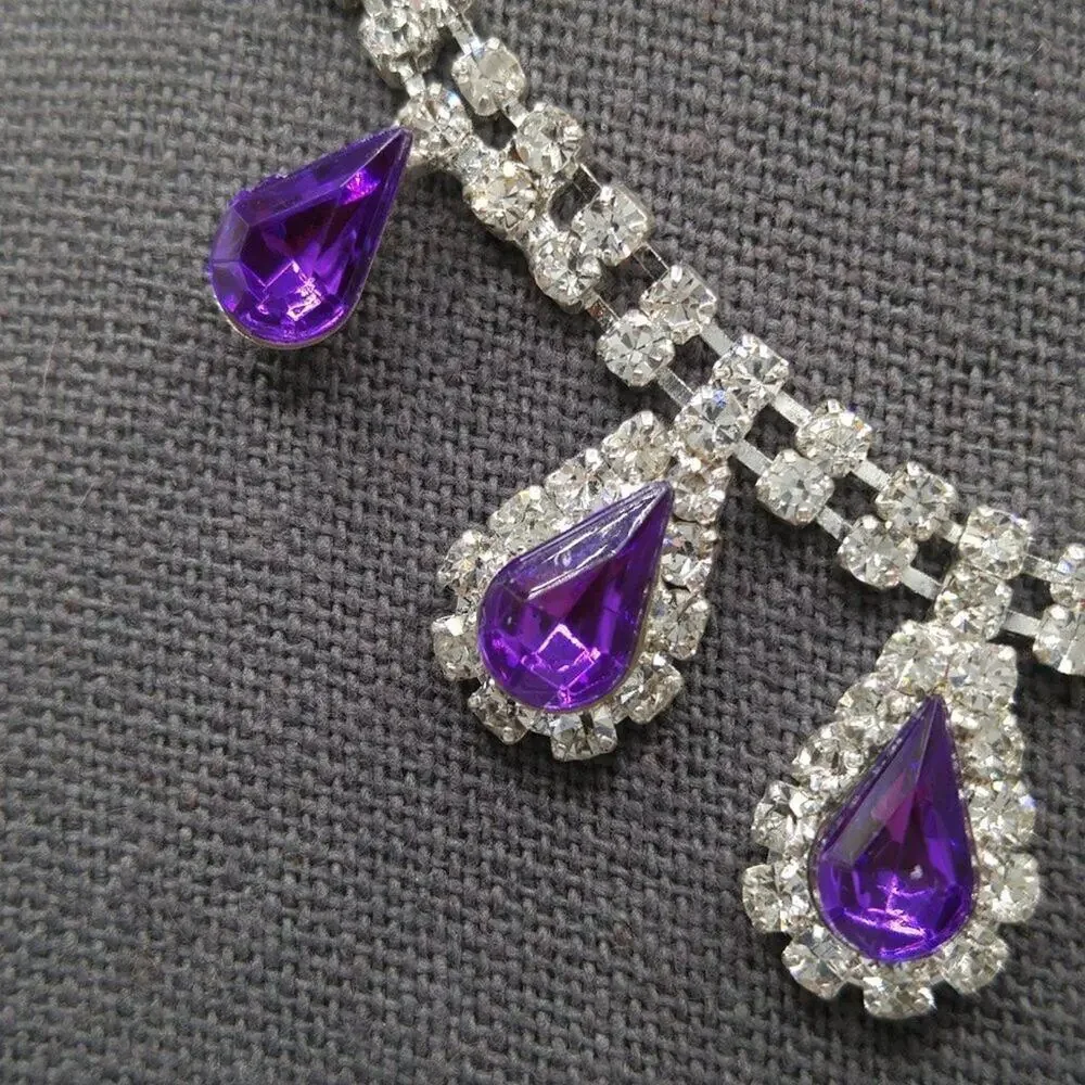 Dangle Purple Clear Rhinestone Necklace, 18 1/2 Inches Adjustable, Formal Choker